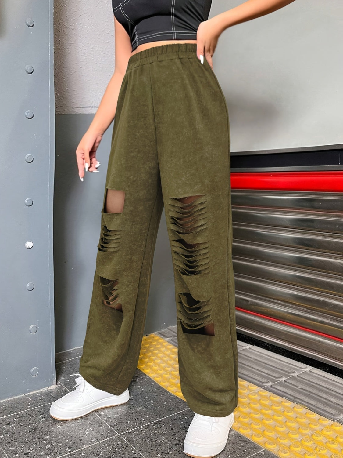 Distressed Elastic Waist Straight Leg Pants