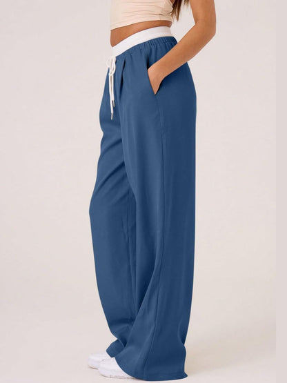 Contrast Waistband Drawstring Wide Leg Pants