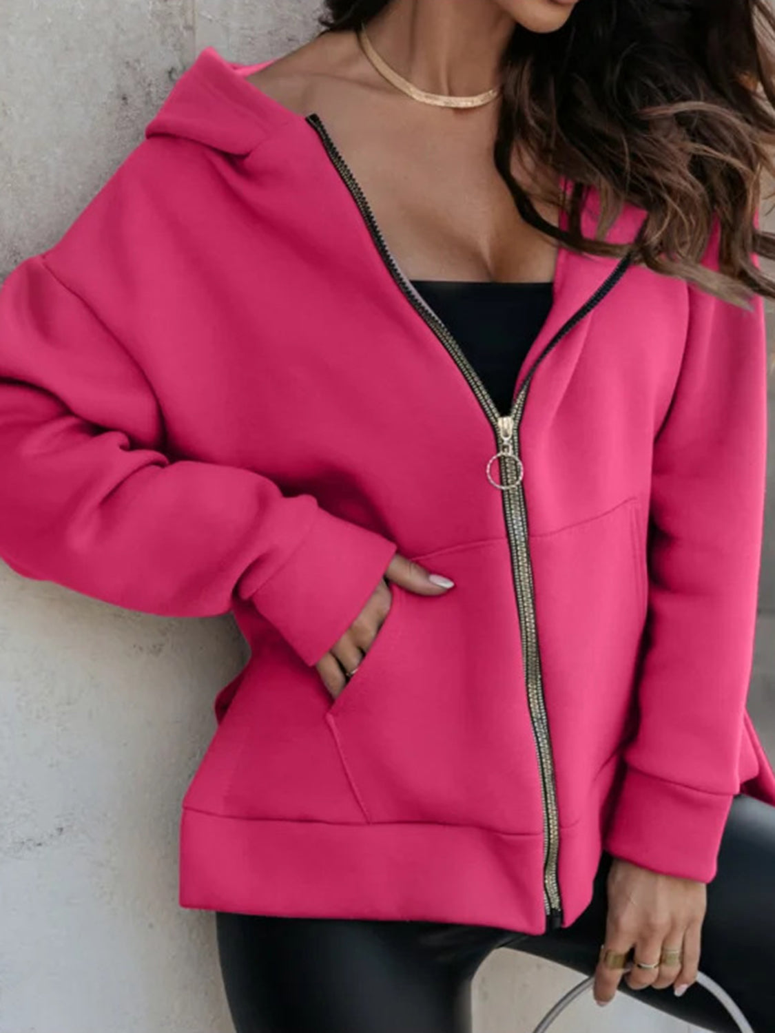 Zip-Up Slit Hoodie with Pockets