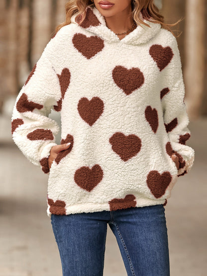 Fuzzy Heart Pocketed Dropped Shoulder Hoodie