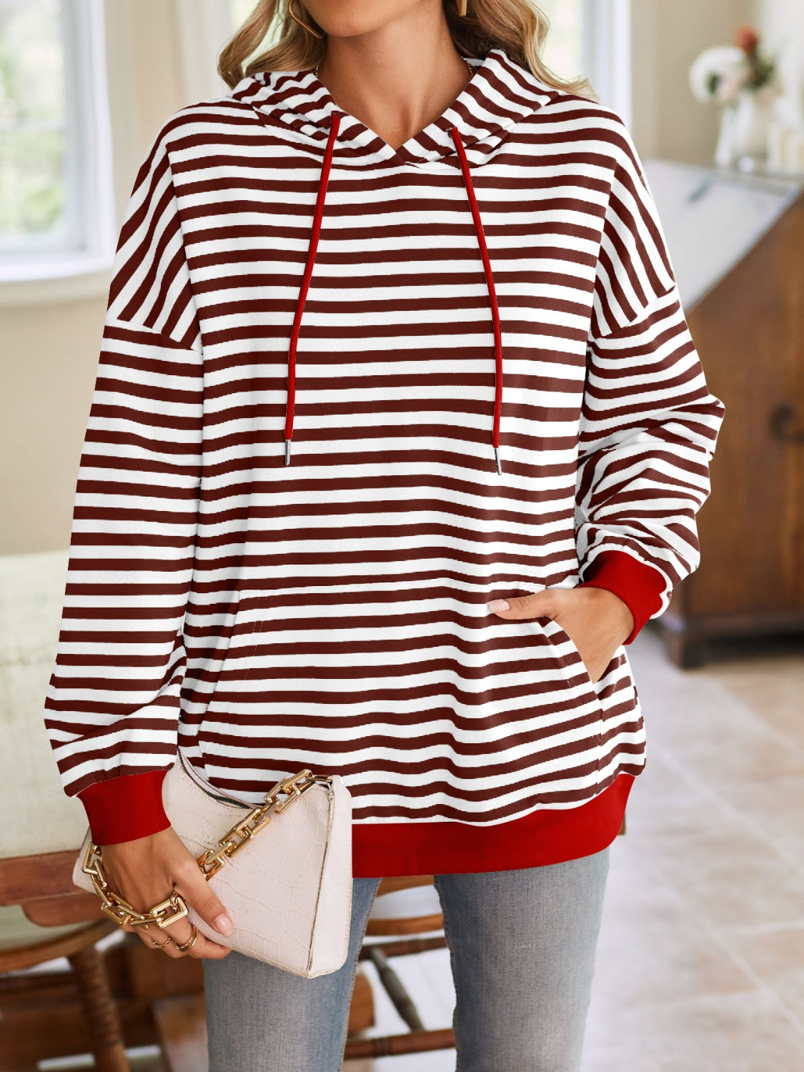 Lovelet Drawstring Striped Long Sleeve Hoodie