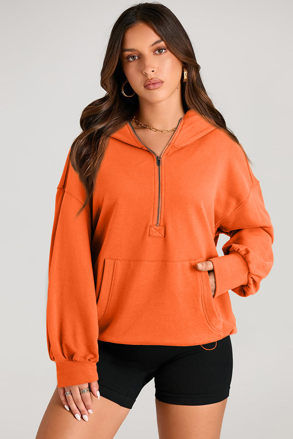 Pocketed Half Zip Long Sleeve Hoodie