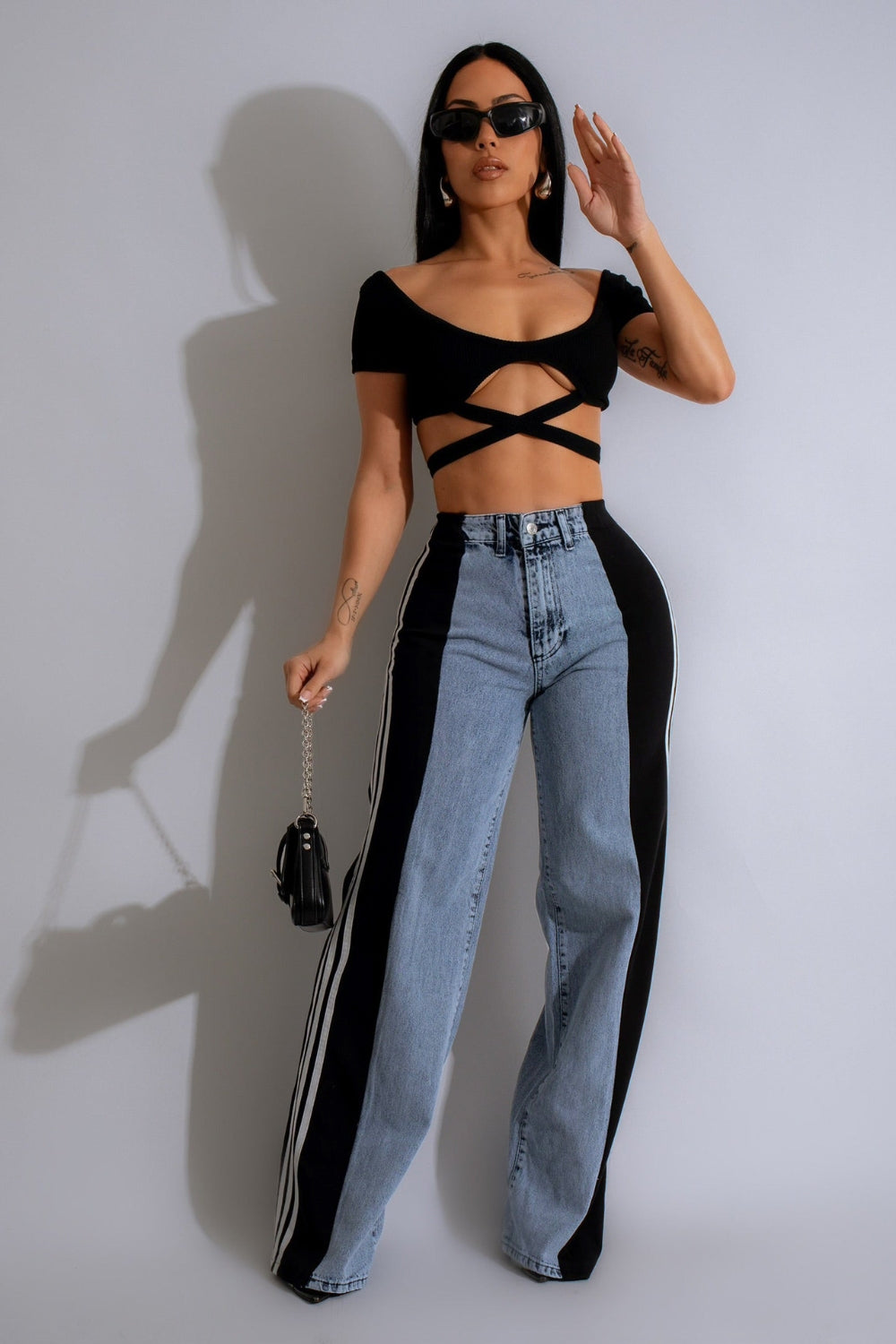 Contrast Side Striped Wide Leg Jeans